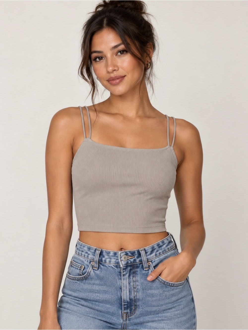 American Eagle Women’s M Gray Ribbed Double Strap Cropped Cami Tank Top